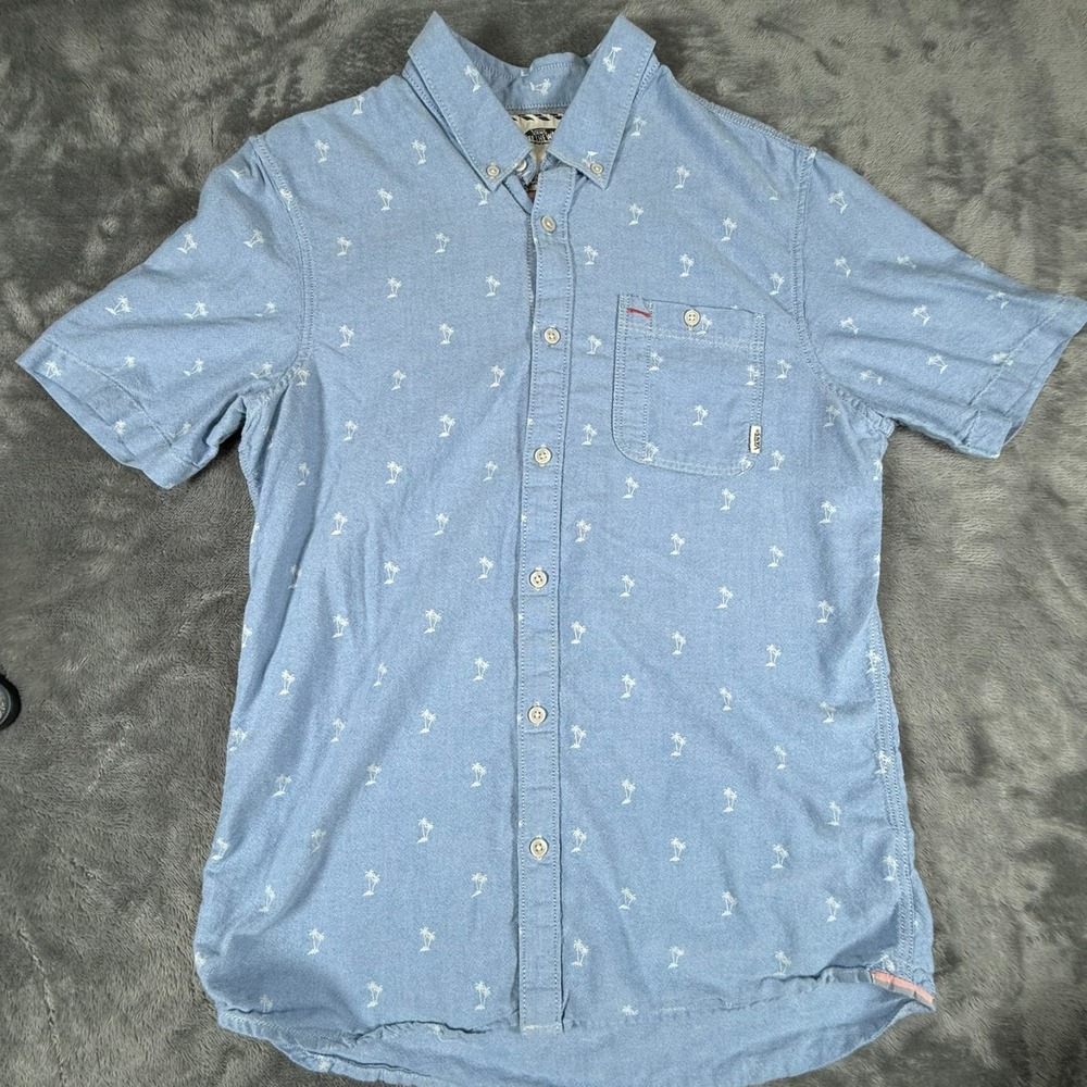 Vans Off the Wall Boy's Youth Medium, Blue Button Down Shirt Short Sleeve Palm